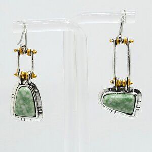 Asymmetrical Silver & Gold Accent Earrings Green Marbled Acrylic Stones